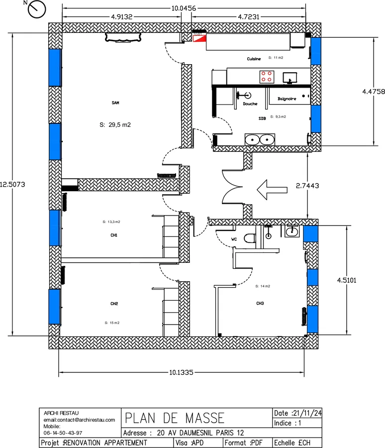 Plan d'aménagement coté, avec le tableau des surfaces par zone.