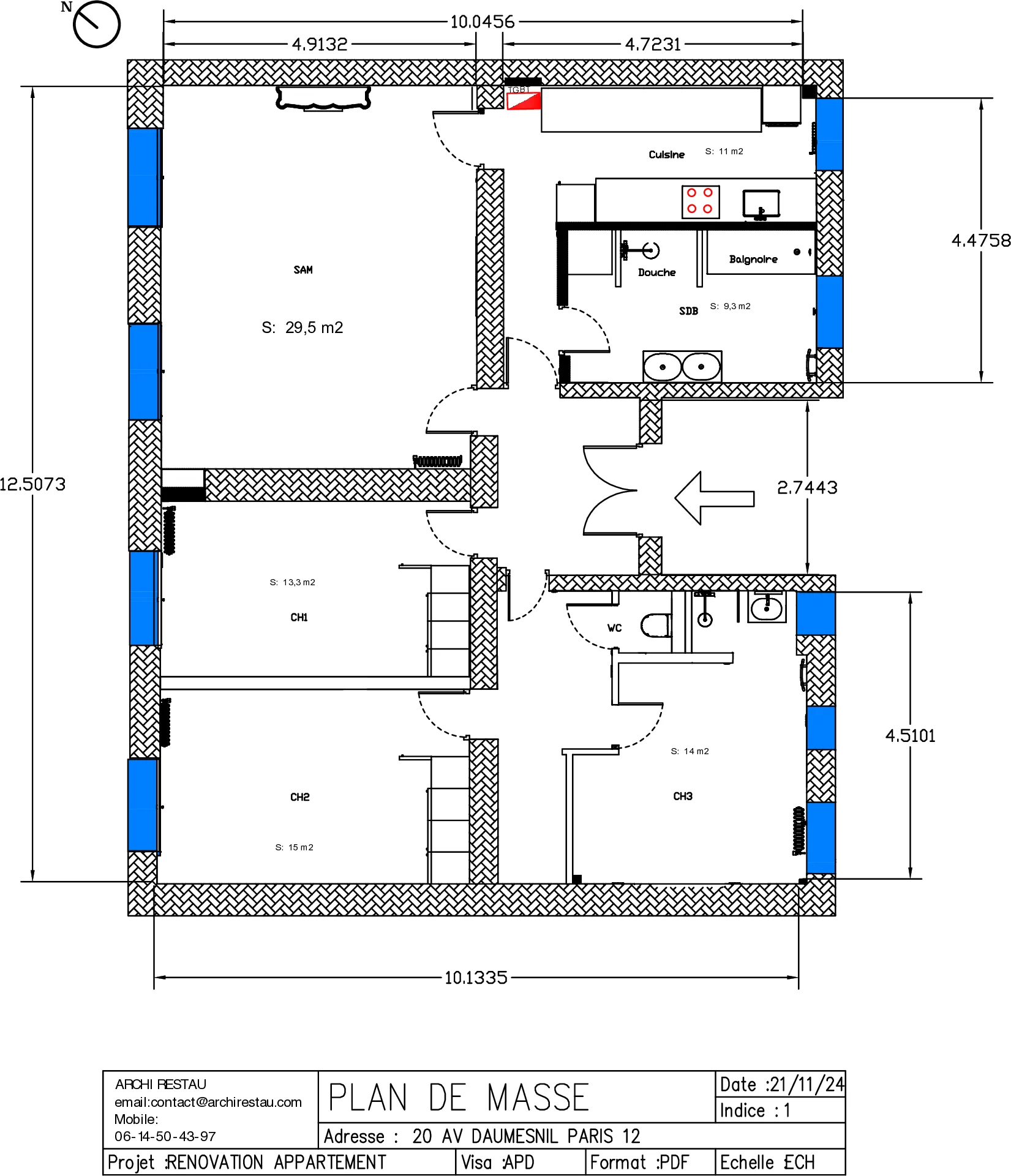 Plan d'aménagement coté du chantier, avec sa nomenclature et son cartouche.
