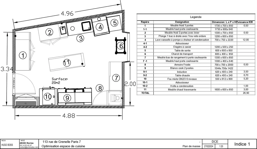 Plan d'aménagement coté, avec le tableau des surfaces par zone.