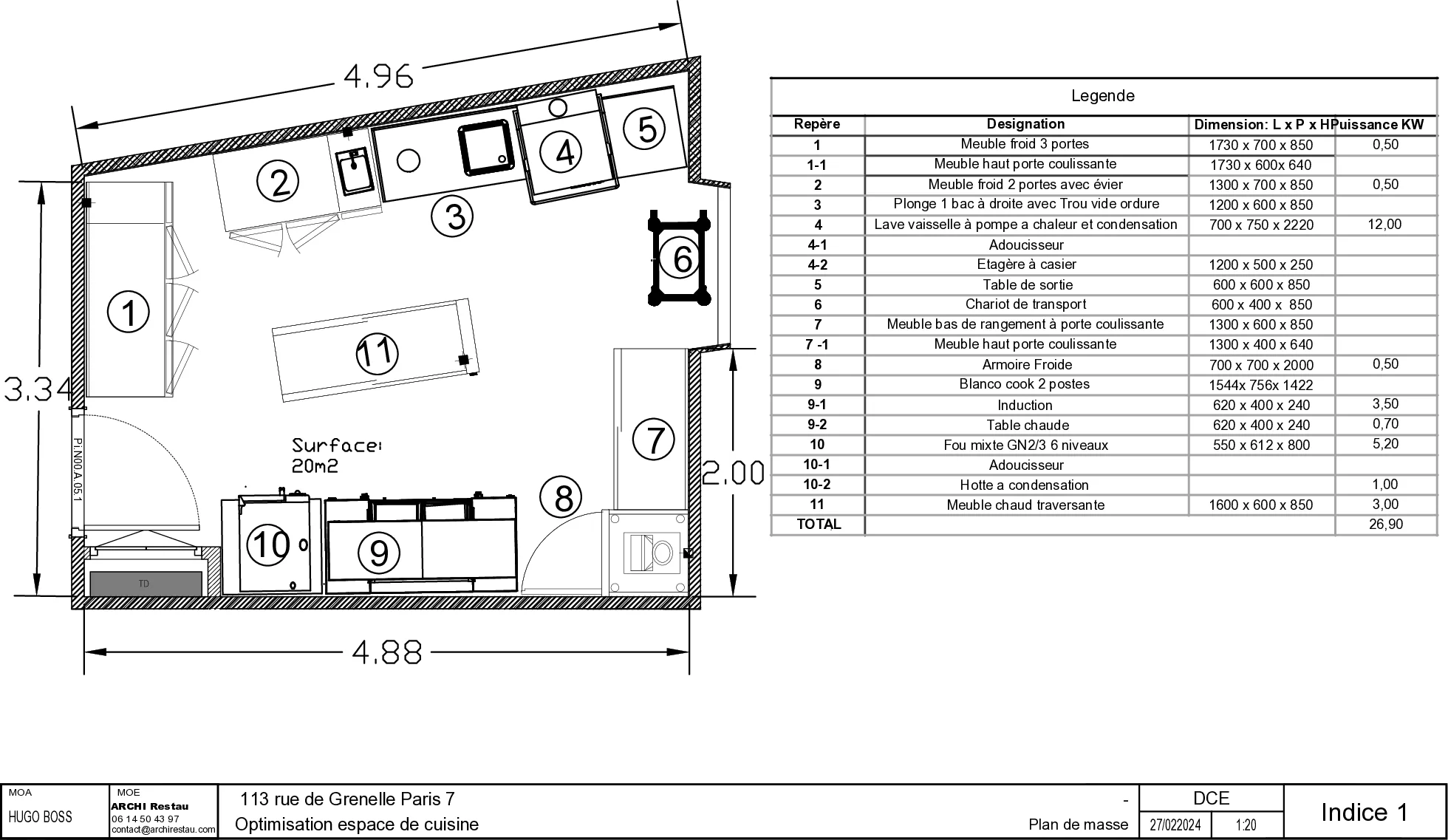 Plan d'aménagement coté du chantier, avec sa nomenclature et son cartouche.