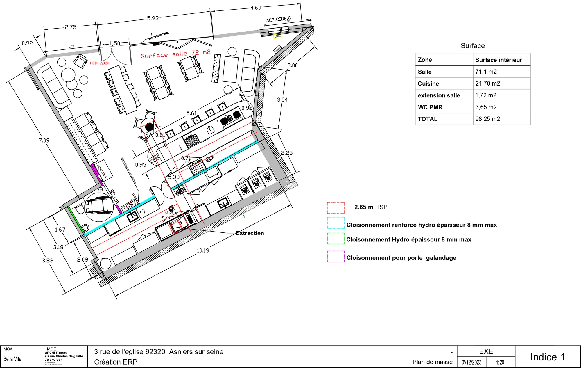 Plan d'aménagement coté du chantier, avec sa nomenclature et son cartouche.