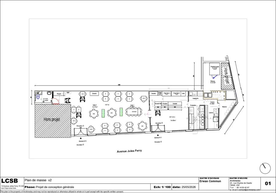 Plan d'aménagement coté, avec le tableau des surfaces par zone.