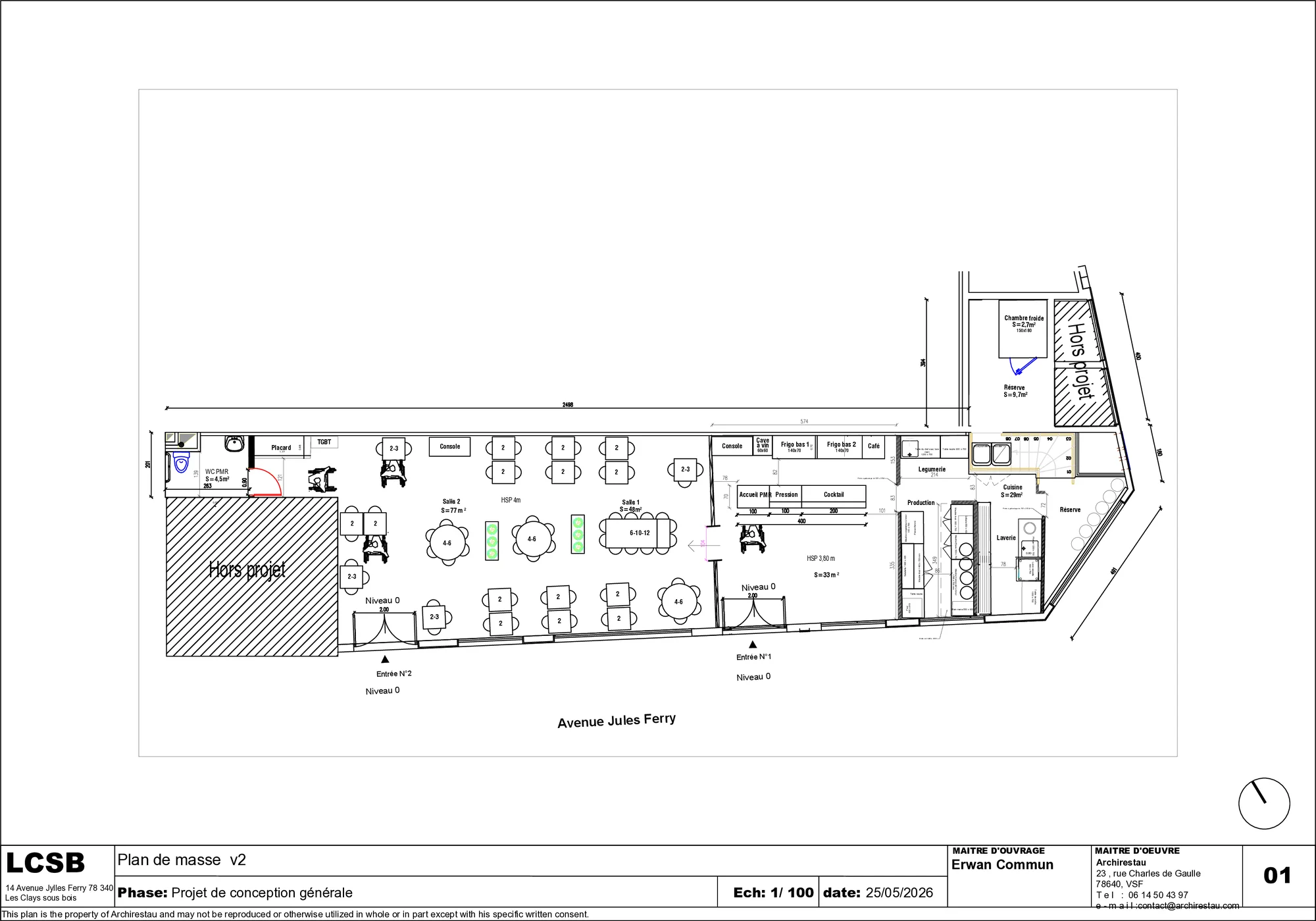 Plan d'aménagement coté du chantier, avec sa nomenclature et son cartouche.