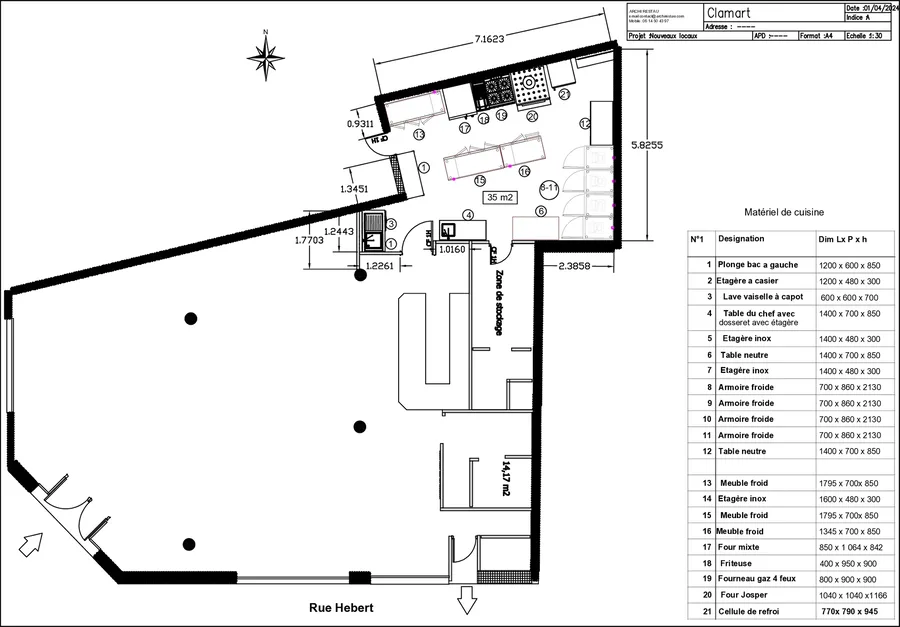 Plan d'aménagement coté, avec le tableau des surfaces par zone.