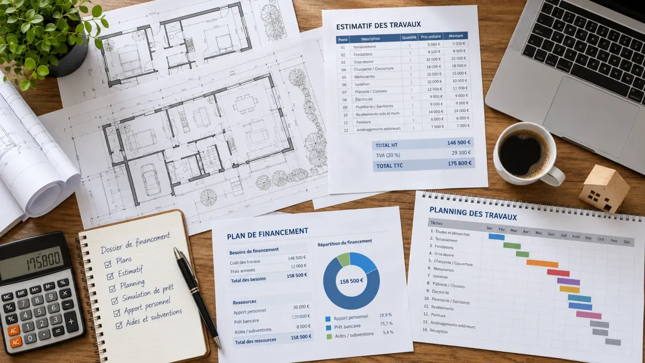 Dossier de financement étalé sur une table : plans, estimatif des travaux, plan de financement et planning de travaux.